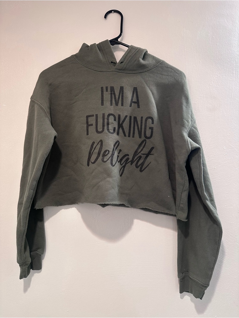 Cropped Olive Green Graphic Hoodie - "I'm A Fucking Delight"